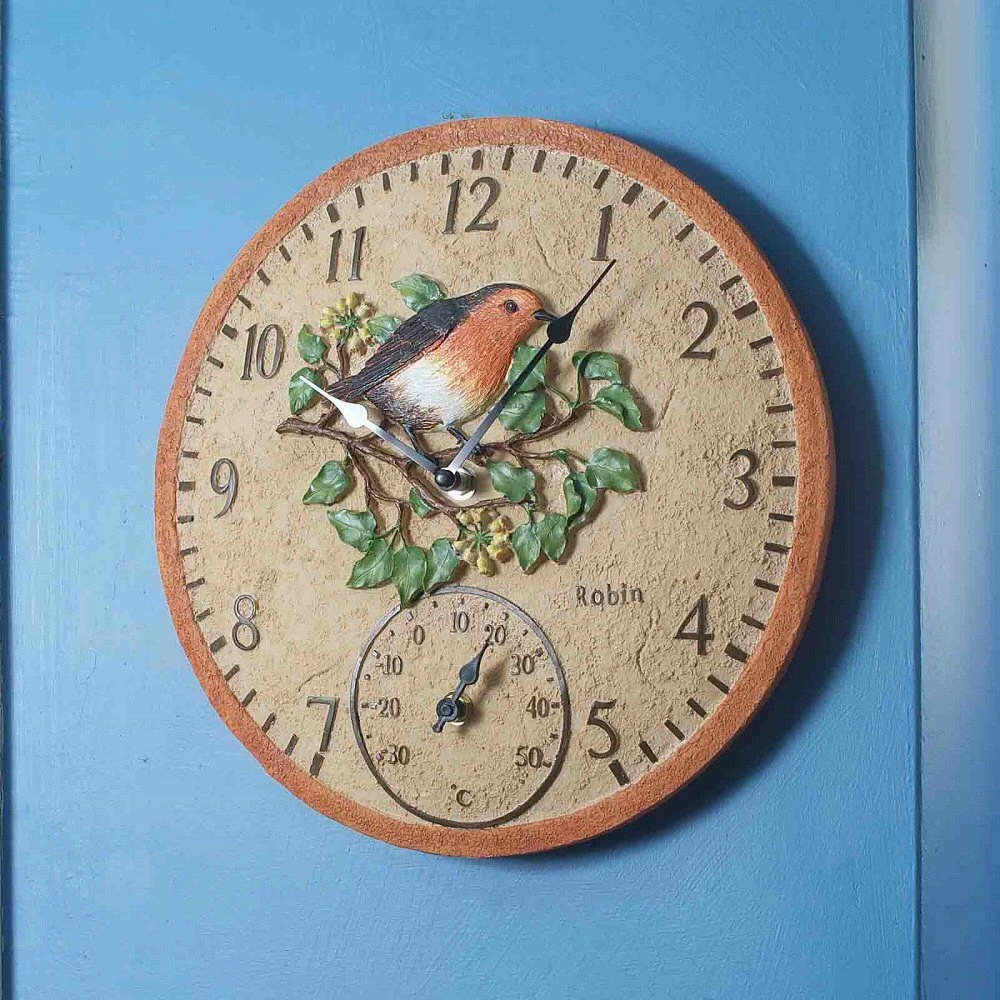 Outside In 12" Robin Wall Clock & Thermometer 2 Outside In 12" Robin Wall Clock & Thermometer - Image 2