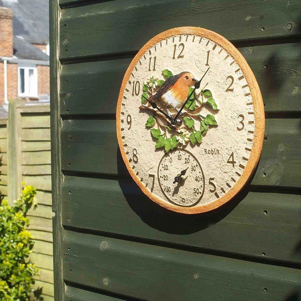 Outside In 12" Robin Wall Clock & Thermometer 3 Outside In 12" Robin Wall Clock & Thermometer - Image 3